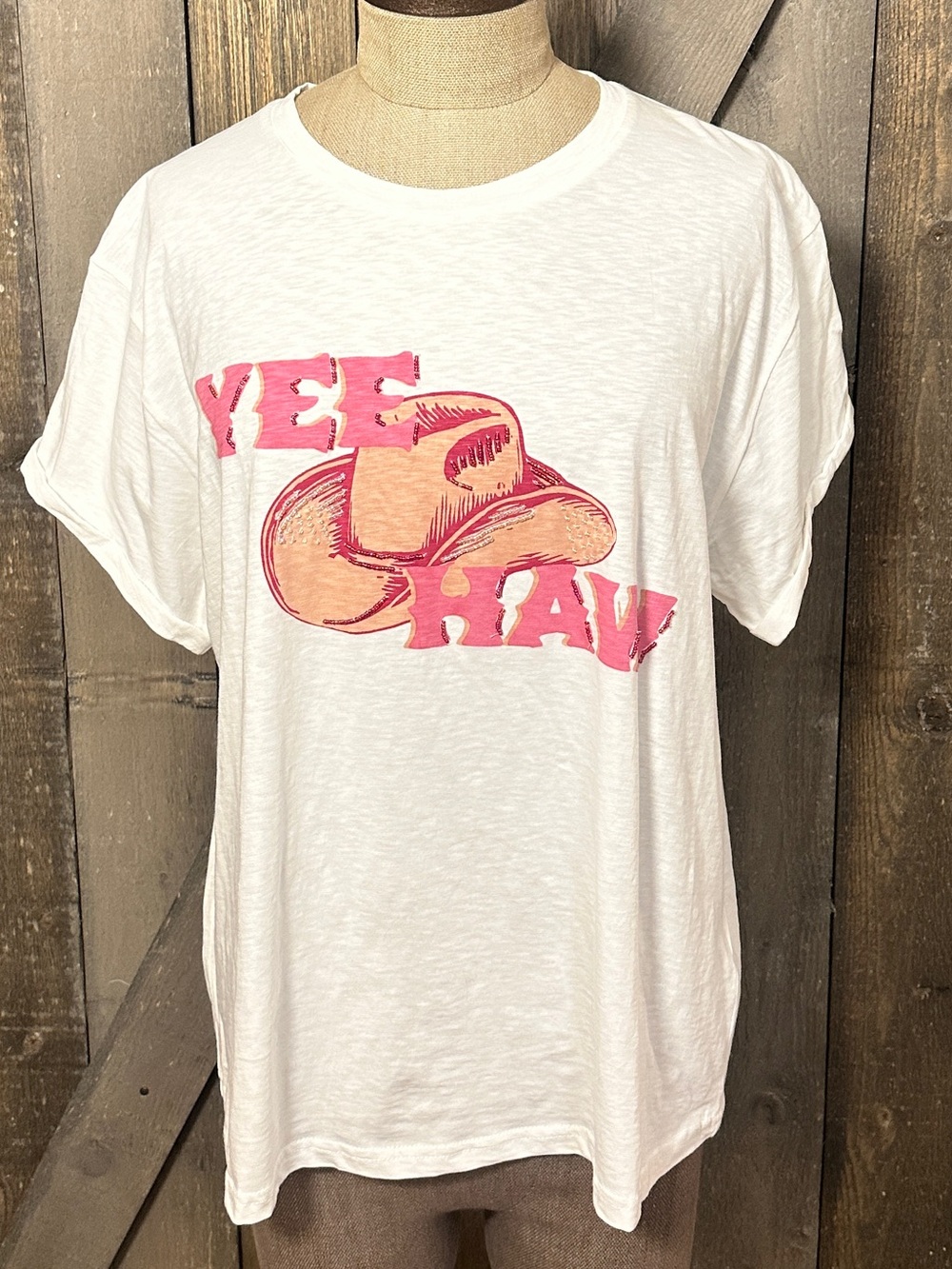 Cynthia Rowley 100% Cotton Yee Haw Beaded Graphic Tee Western Cowgirl XL NWT